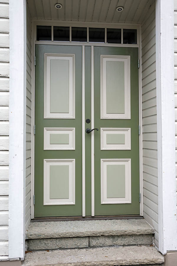 Photo 27061: Green, light green and white, panelled double door with top window