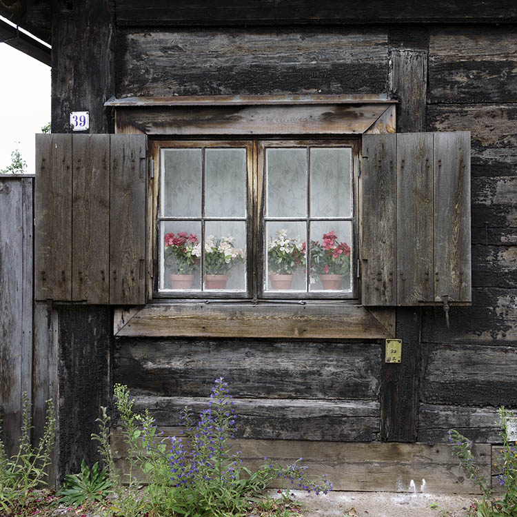 Photo 27105: Worn, oiled window with two frames and four panes and shutters