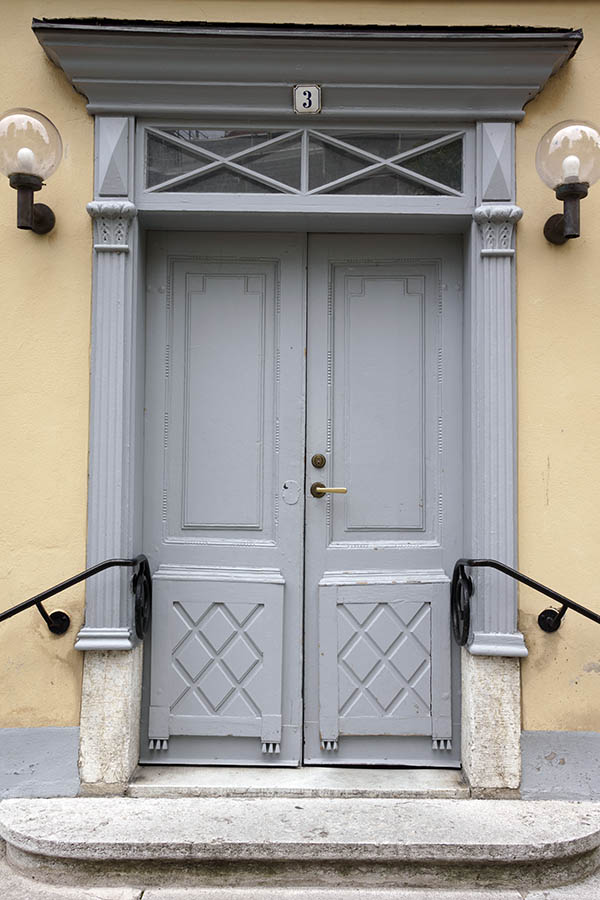Photo 27146: Panelled, light grey, carved double door with carved pilastre and top light