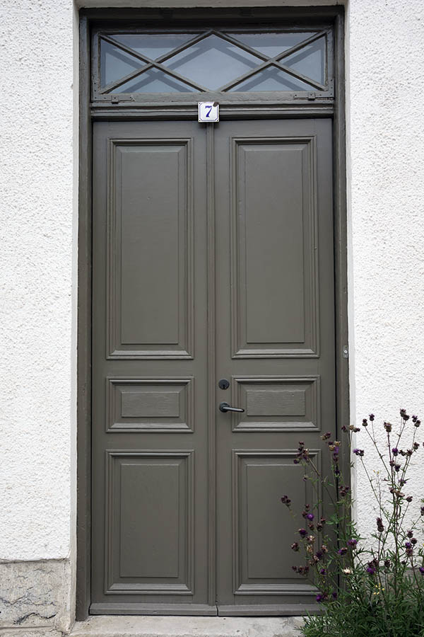Photo 27166: Panelled, grey double door with top window