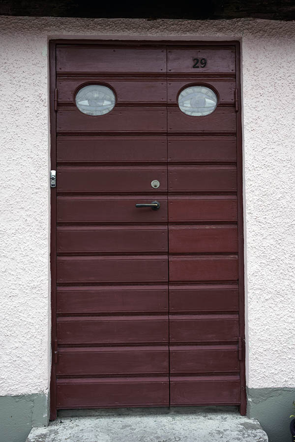 Photo 27190: Purple door of boards with sidepiece and oval door lights