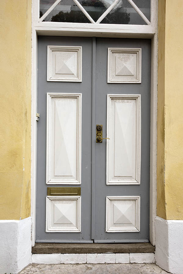 Photo 27221: Panelled, grey and white double door with top window