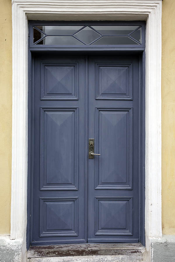 Photo 27240: Blue, panelled double door with top window in a white frame