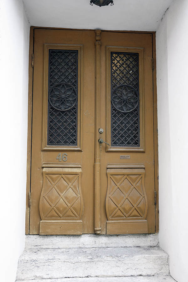 Photo 27242: Light brown, carved, panelled double door with latticed door lights