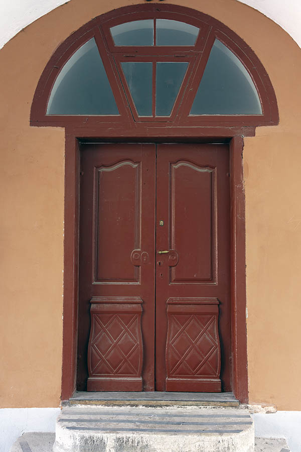 Photo 27266: Carved, panelled, brown double door with large fan light