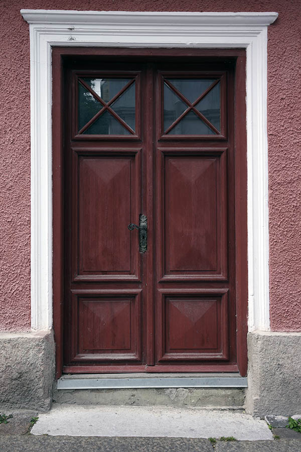 Photo 27288: Brown, panelled, double door with door lights mounted in a white frame