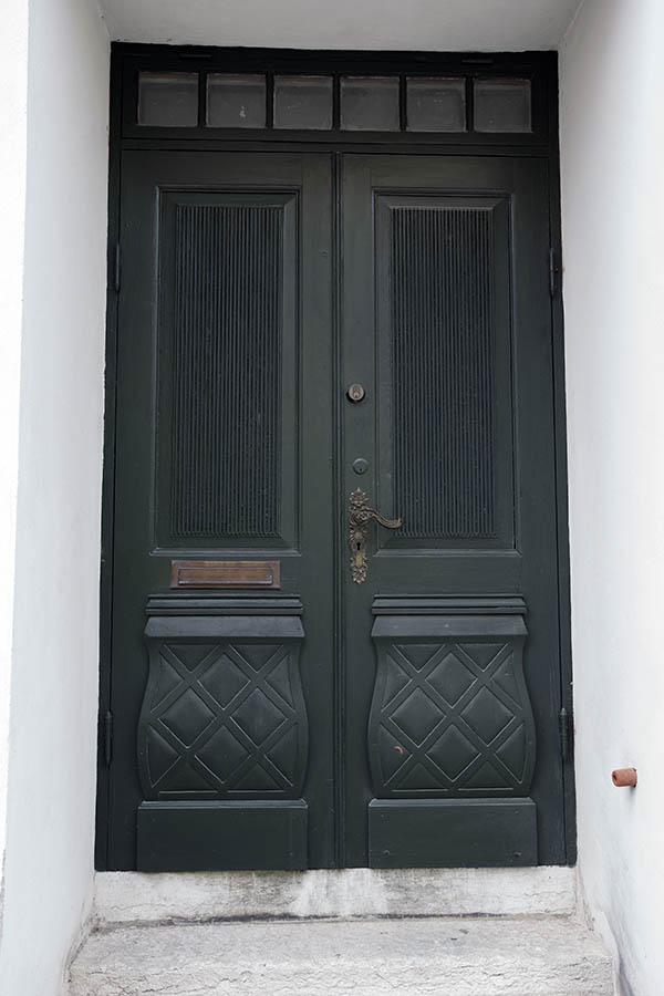 Photo 27306: Carved, panelled, black double door with top window