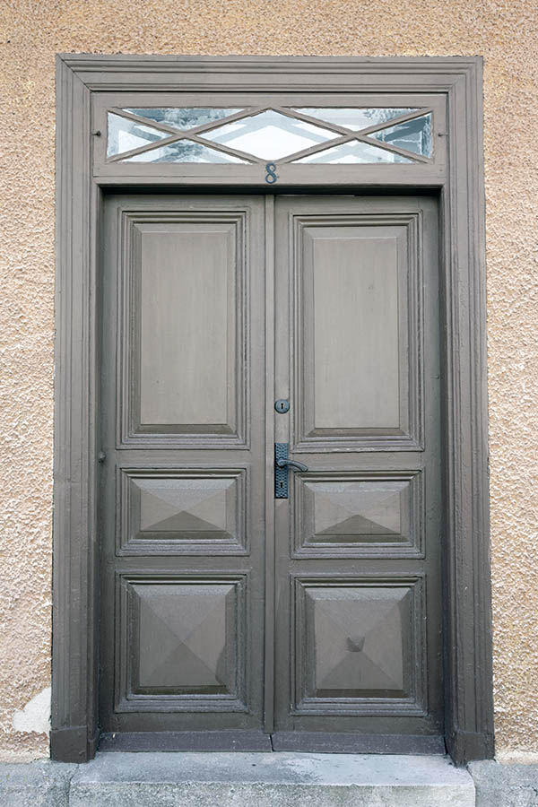Photo 27317: Panelled, brown double door with top window