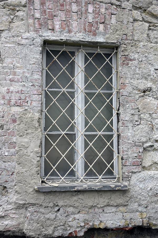 Photo 27374: Worn, white, latticed window with two frames and six panes