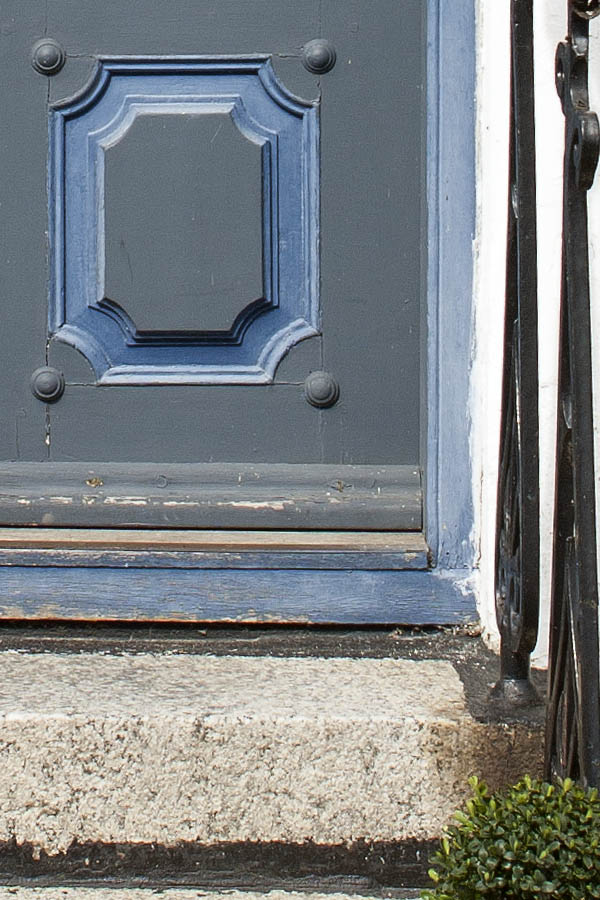 Photo 00470: Panelled, teal double door with blue details and fan light