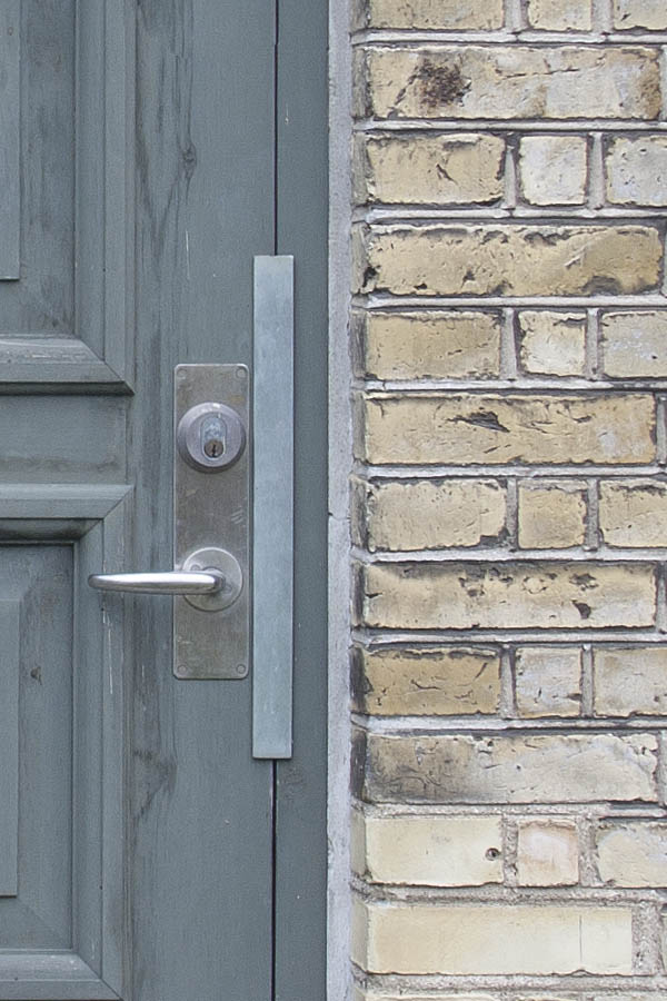 Photo 01390: Panelled, teal door with top window