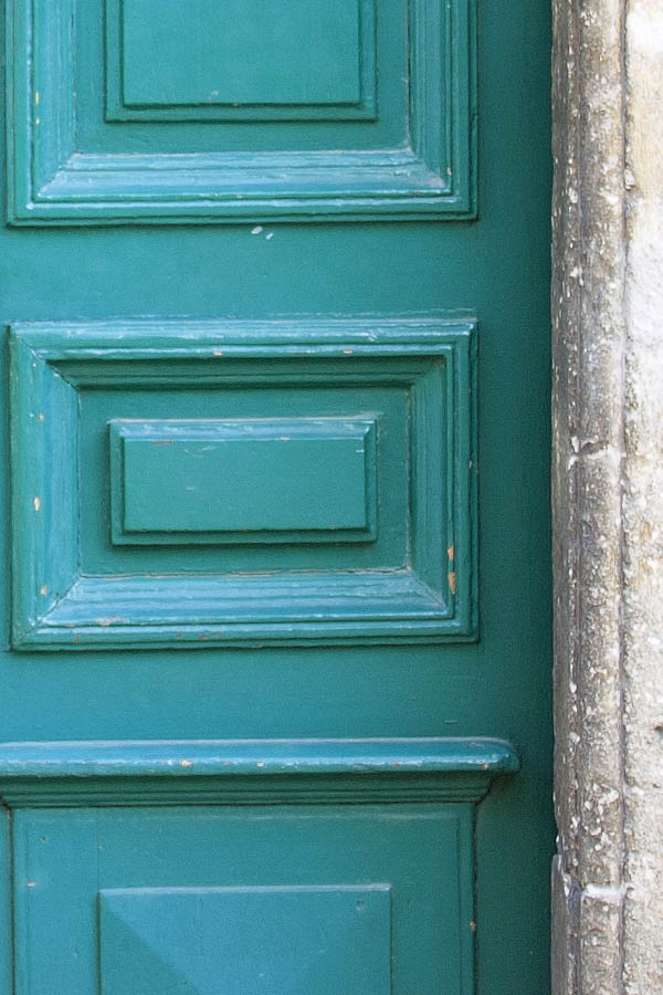 Photo 02164: Worn, panelled, light blue door with top windows