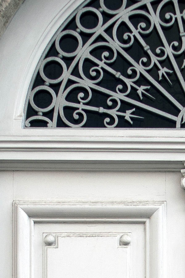 Photo 02188: Panelled, white double door with latticed fan light