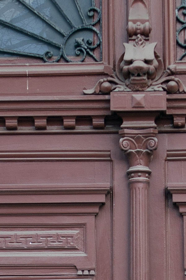 Photo 02206: Panelled, red-brown double door with fan light