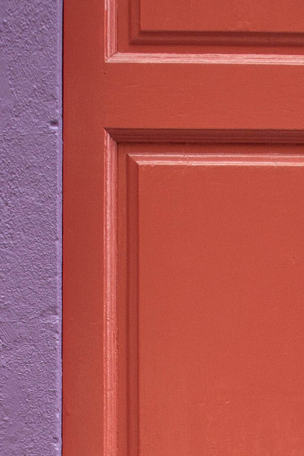 Photo 02490: Panelled, red double door