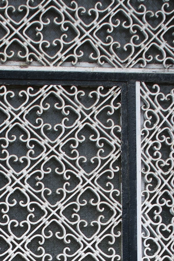 Photo 02694: Black metal door with sidepieces and top window, with decorated lattice