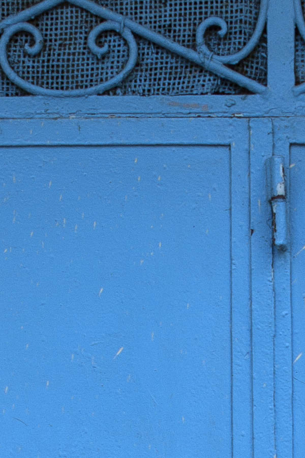 Photo 02774: Blue metal double door with latticed top window