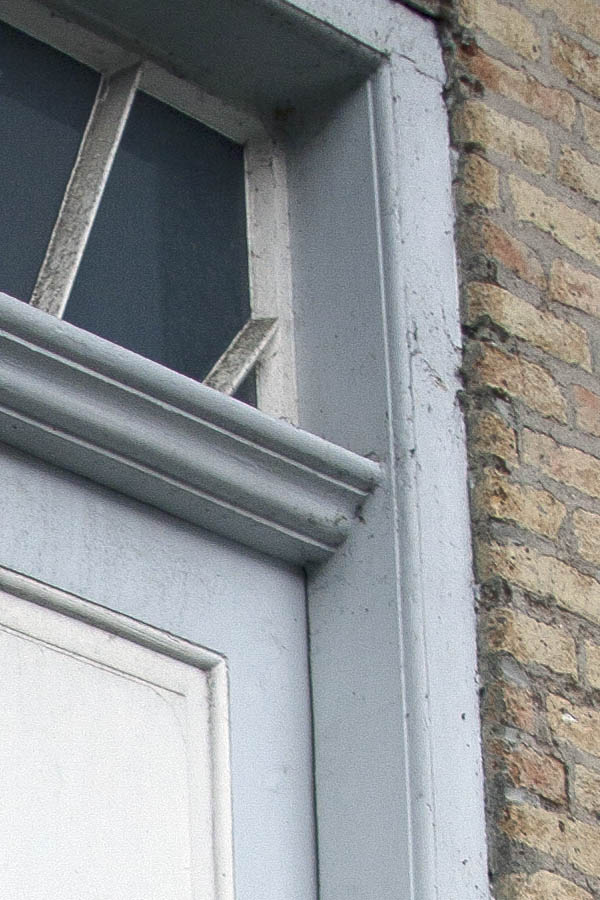 Photo 03870: Nice, panelled double door in white and light blue with top window