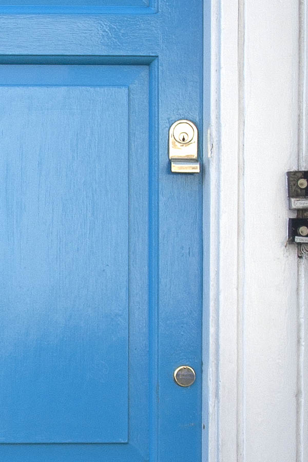 Photo 04423: Panelled, light blue door with top window