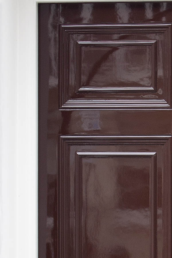 Photo 04754: Panelled, shiny brown double door with top window