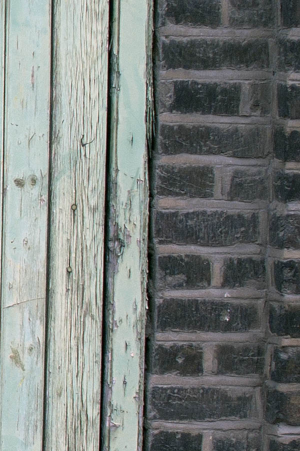 Photo 05615: Worn, light green gate made of planks