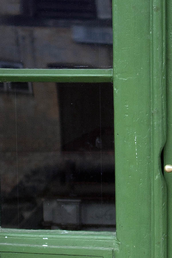 Photo 07346: Formed, panelled, green double door with door lights