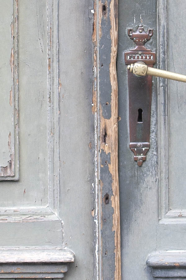 Photo 07384: Worn, panelled, carved, teal double door
