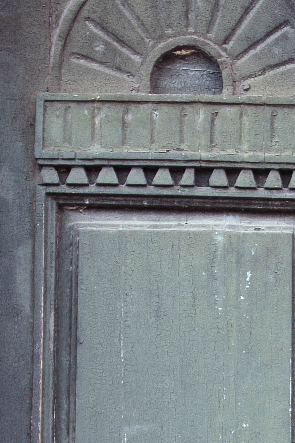Photo 07646: Panelled, carved, green double door with top window