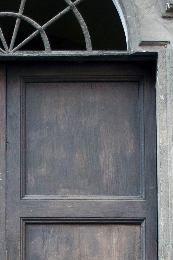 Photo 07921: Panelled, oiled double door with latticed fan light and pilaster