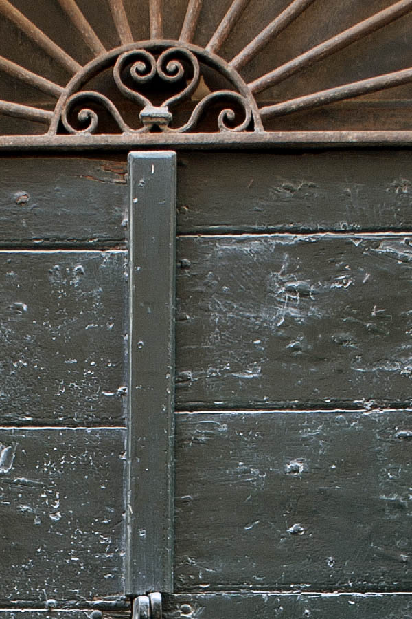 Photo 07933: Black double door made of planks with barred fan light