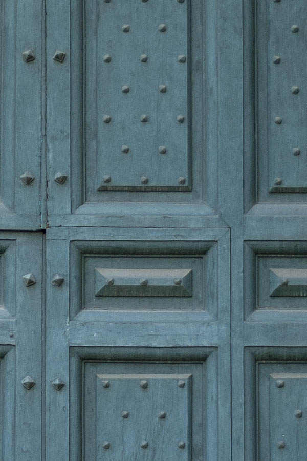 Photo 08082: Panelled, teal gate with latticed fan light and minor door