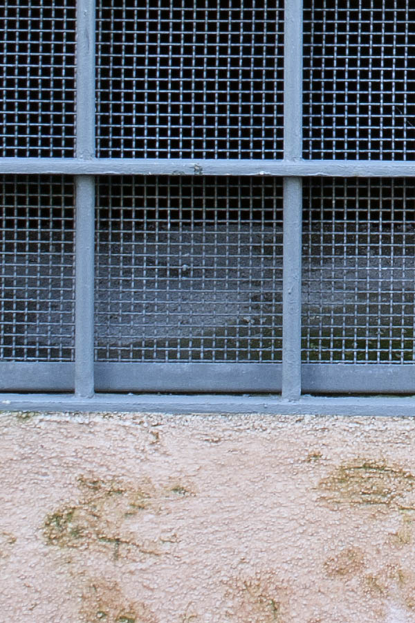 Photo 08171: Blue, barred window with wire net