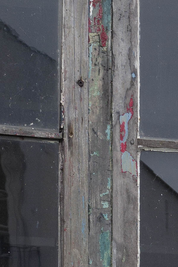 Photo 08289: Decayed, unpainted window with two frames and six panes