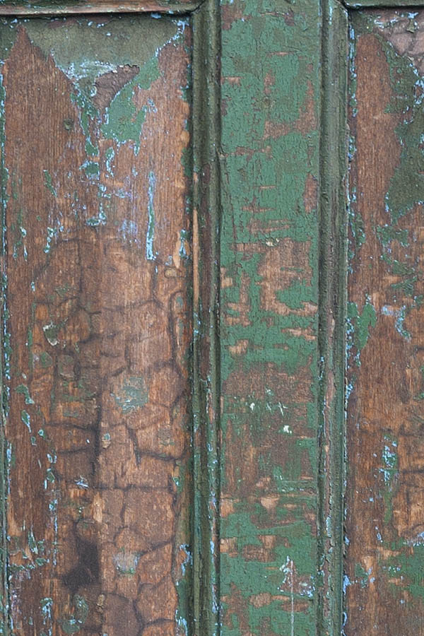 Photo 08307: Decayed, lopsided, panelled, light blue and green door