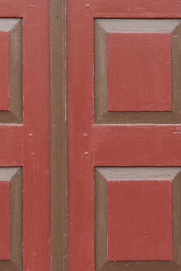 Photo 08372: Carved, panelled, red and brown door with top window