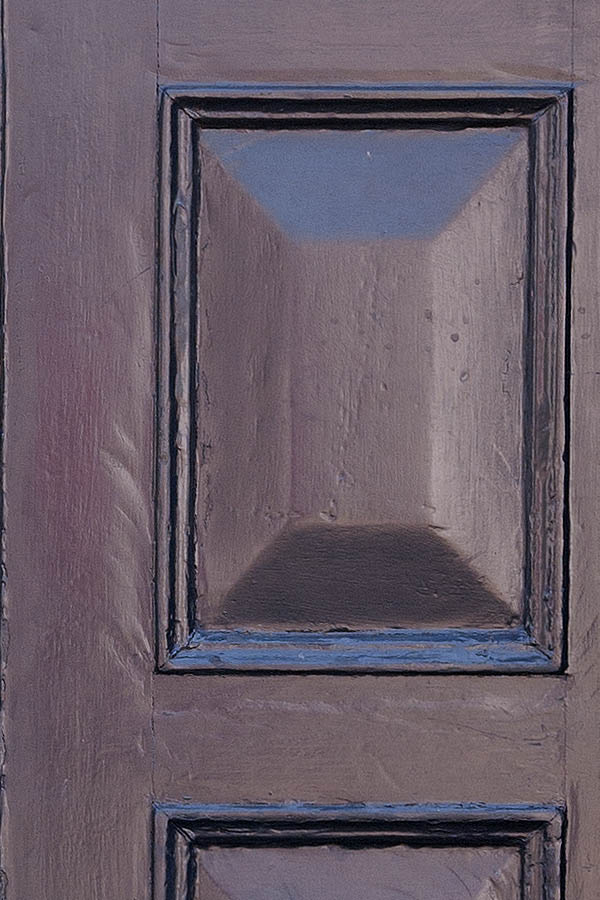 Photo 08654: Formed, worn, panelled, blue double door with fan light