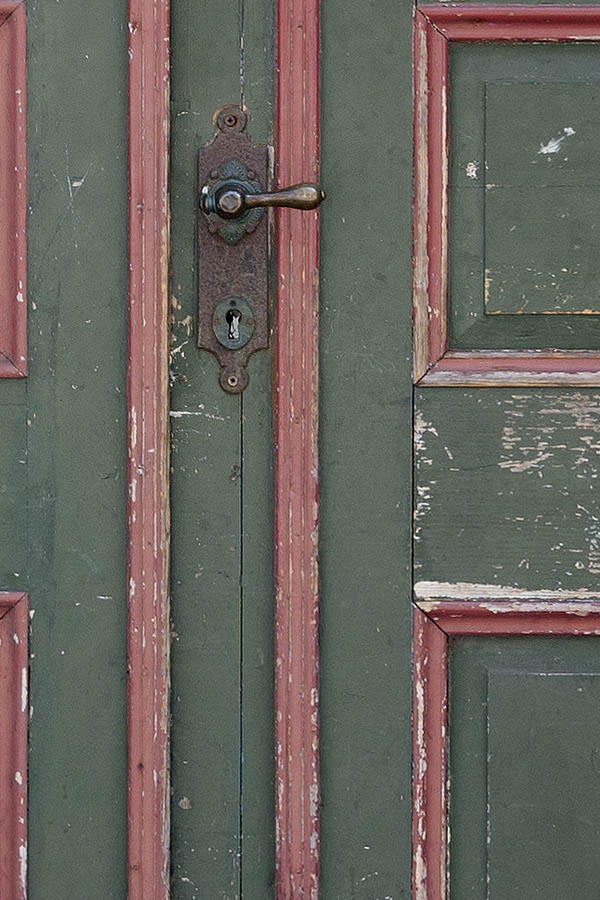 Photo 08707: Decayed, panelled, green and red double door
