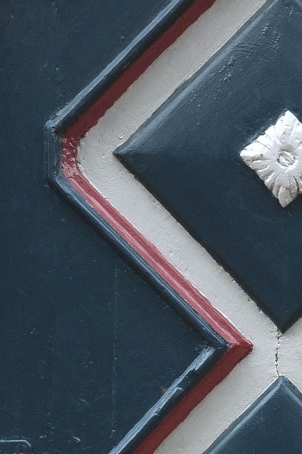 Photo 08830: Formed, teal, white and red door in a gate
