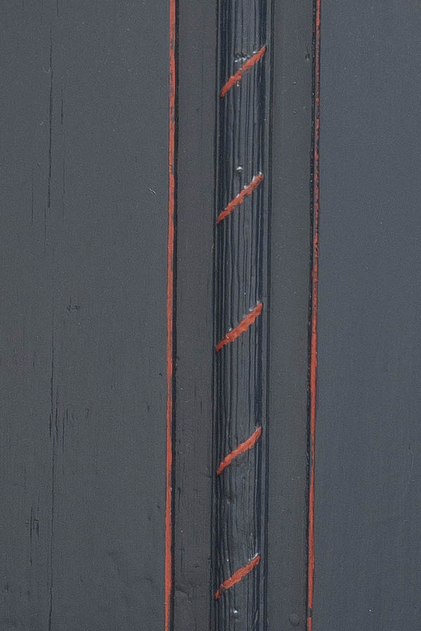 Photo 08838: Carved, panelled, dark blue and red double door with top window