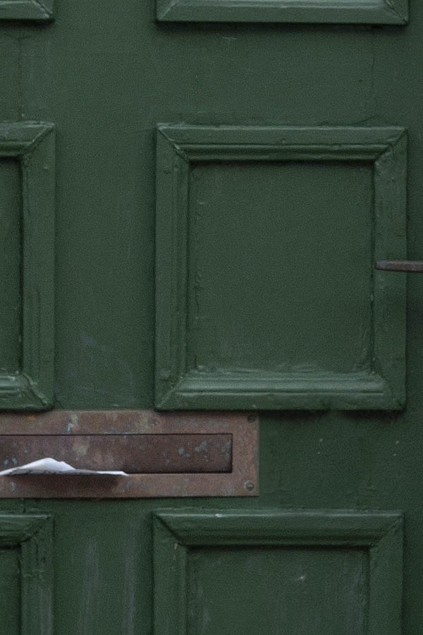Photo 08843: Worn, lopsided, panelled, green door with top window