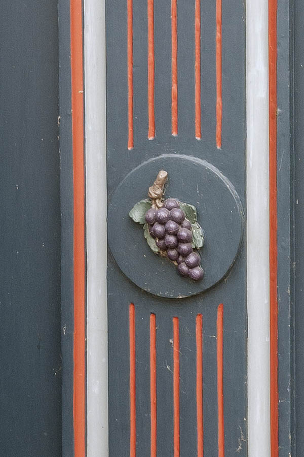 Photo 08867: Carved, panelled, blue, red and grey double door with top window