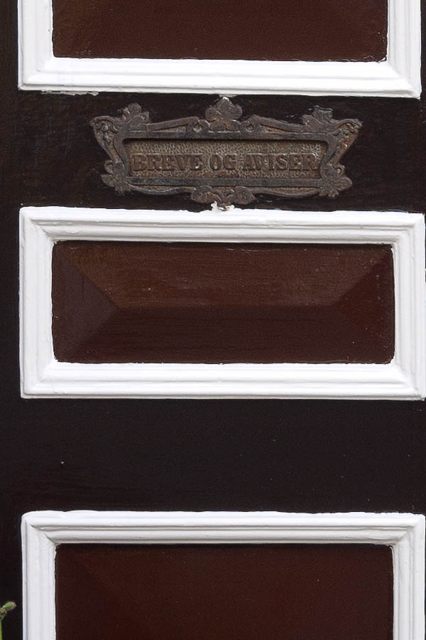 Photo 08873: Lopsided, panelled, brown, dark red and white double door with top window