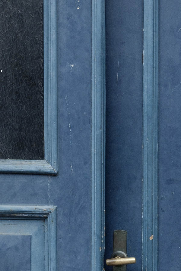 Photo 08893: Worn, panelled, blue and light blue double door with top window