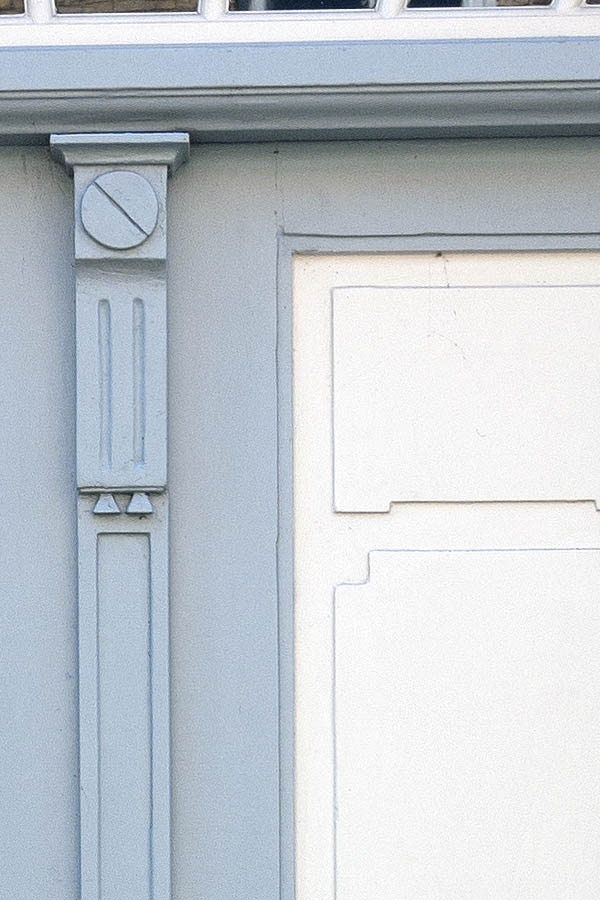 Photo 08962: Carved, panelled, white and light blue double door with top window