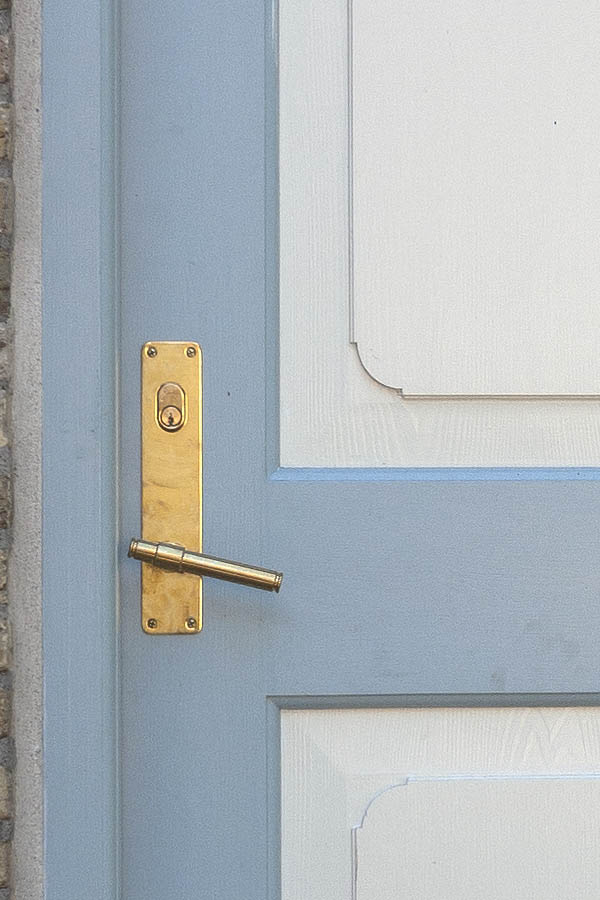 Photo 08977: Panelled, white and light blue door with top window