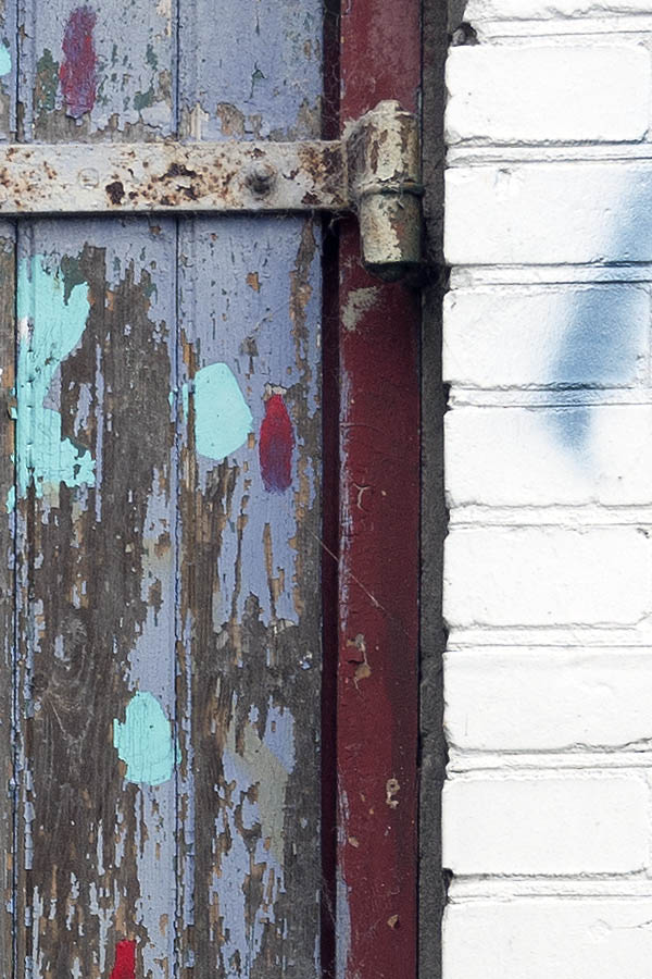 Photo 09086: Purple shutters with turquoise, white, and red decoration