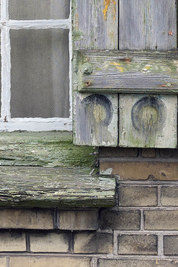 Photo 09092: Decayed, white and green window with 18 panes and shutters