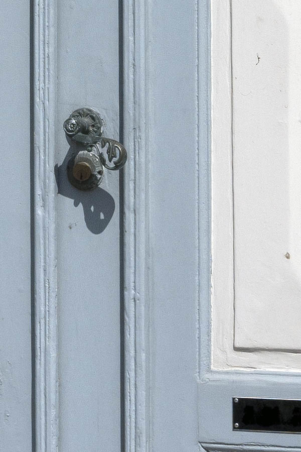 Photo 09178: Panelled, white and grey double door with top window