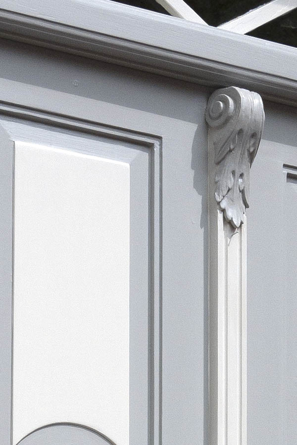 Photo 09197: Carved, panelled, grey and white double door with top window