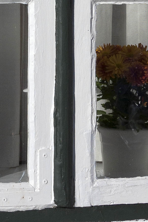 Photo 09264: Formed white and green window with two frames and six panes